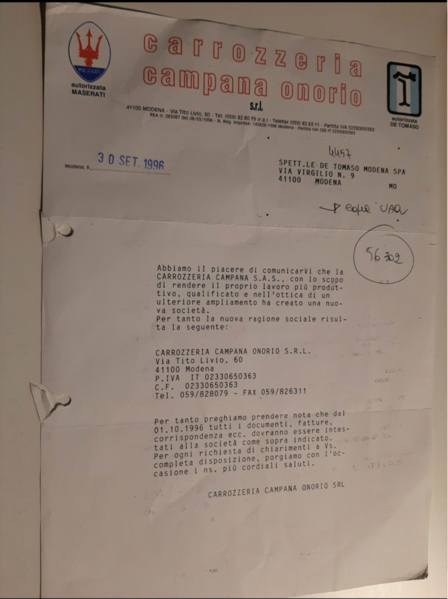 Carrozzeria Campana Onorio - correespondence with De Tomaso 1996