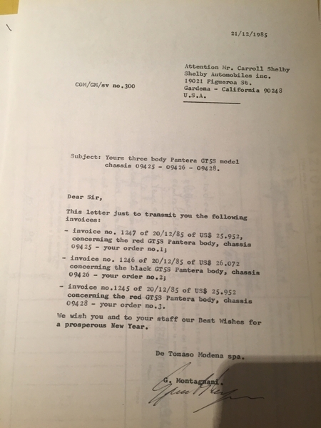 #9428 - Letter from factory to Carroll Shelby re confirmation of order copy